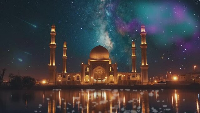 Islamic background with mosque silhouette and fireworks in the sky. Seamless looping time-lapse virtual video animation