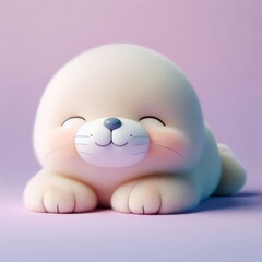 Сute fluffy baby white-coat seal toy sleeping on a pastel purple background. Minimal adorable animals concept. Wide screen wallpaper. Web banner with copy space for design.