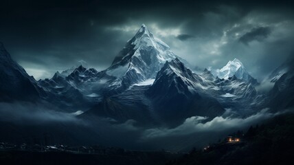A moonlit mountain ridge, with snow-capped peaks shimmering in the celestial light, forming a stunning nocturnal panorama. -Generative Ai
