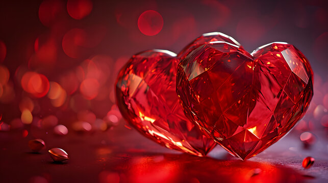 Two glowing hearts radiate a passionate love on valentine's day, bathed in a warm red light