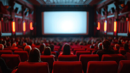 Audience Engaged in a Movie Theater with Blank Screen