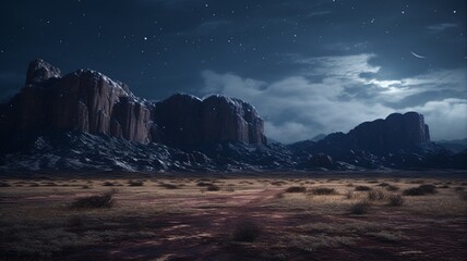 A moonlit plateau surrounded by sheer cliffs, creating a breathtaking vista of lunar radiance against the rugged mountainous backdrop -Generative Ai
 - obrazy, fototapety, plakaty