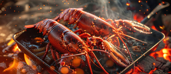 Live lobsters facing the fiery embrace of a grill, a primal scene of seafood cooking with sparks flying