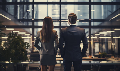 partnerzy biznesowi, kobieta i mężczyzna stojący plecami do kamery w biurze, w tle nowoczesne biuro - obrazy, fototapety, plakaty