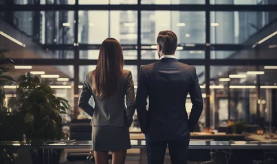 Fototapeten partnerzy biznesowi, kobieta i mężczyzna stojący plecami do kamery w biurze, w tle nowoczesne biuro © hunter76