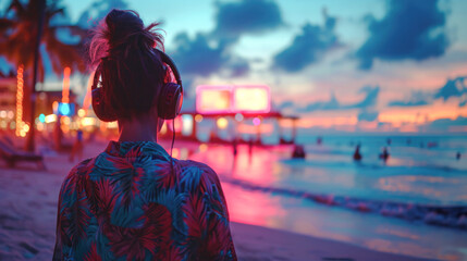 Enjoying Music on a Tropical Beach. A person in a vibrant tropical shirt stands on the beach, lost in the rhythms of music - obrazy, fototapety, plakaty