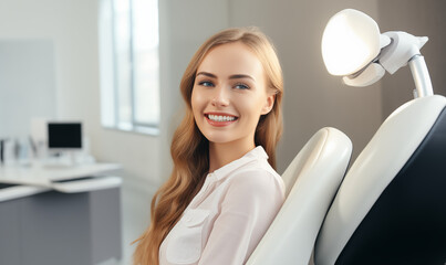 młoda dziewczyna na fotelu dentystycznym, białe zęby, nowoczesny jasny gabinet - obrazy, fototapety, plakaty