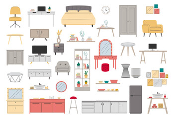 Set of furniture for modern home interior design. Collection trendy house decor, chair, armchair, bed, bedside table, table in flat style. Apartment room items. Vector illustration