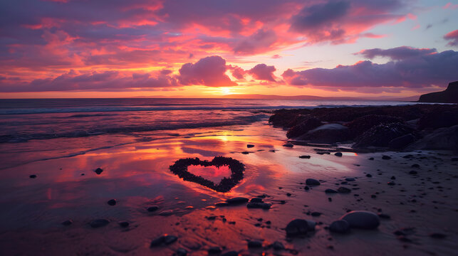 As the afterglow of a stunning sunset paints the sky above, a heart drawn in the sand on the beach stands as a testament to the eternal love found in nature's ever-changing beauty