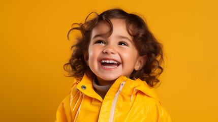  Portret studyjny dziecka uśmiechającego się na żółtym tle - obrazy, fototapety, plakaty