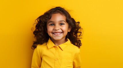  Portret studyjny dziecka uśmiechającego się na żółtym tle - obrazy, fototapety, plakaty