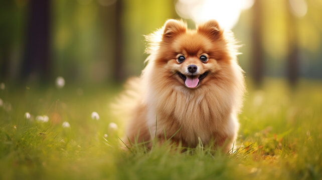 purebred small Spitz dog sitting in the grass in nature