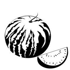 Vector black silhouette of watermelon slice isolated on a white background food logo tattoo - 712709702
