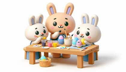 3D illustration of cartoon bunnies painting Easter eggs. Family Easter activity scene for greeting card, children's event poster