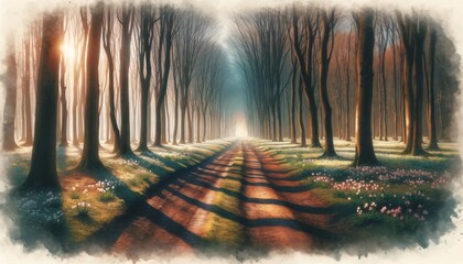 Digital art of a mystical forest pathway with sunlight. Fantasy landscape for book cover, poster