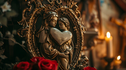 A mother's unwavering love, immortalized in a delicate statue, radiating warmth like a flickering candle amidst a sea of roses, housed within the walls of a tranquil church