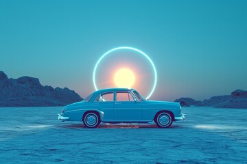 Fototapeta na wymiar Classic blue car with neon circle backdrop in desert landscape at twilight