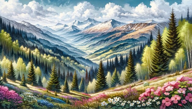 Oil painting of mountain landscape with pine trees and flowering meadows. Artistic scenery for wall art, puzzle design