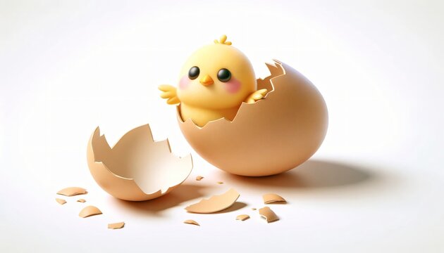 3D Illustration Of Chick Breaking Out Of Egg. Cute Character Design With Copy Space For Easter Concept, Animation