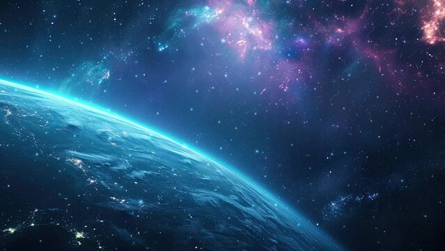 Approaching an uncharted planet in outer space. Outer space with a blue planet. Galaxy and Nebula. Flying near blue planet. Abstract space background. Endless universe with stars and galaxy
