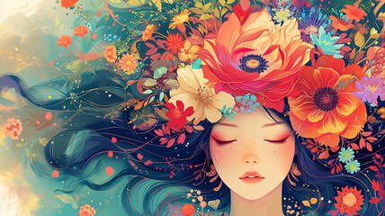 beautiful illustration of a girl with long hair painted with flowers