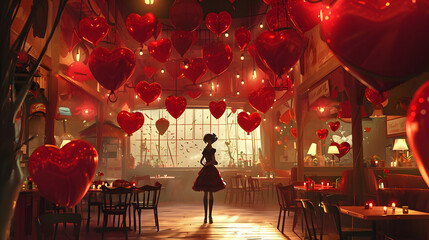 A festive woman surrounded by glowing red balloons stands among elegant furniture in a warmly lit room on christmas night
