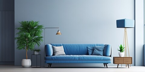 Real photo of a blue sofa amidst a white lamp, cabinet, and plants in a grey living room.