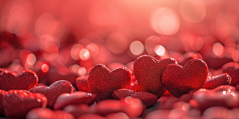 grupo de pequeños corazones rojos decorativos sobre fondo desenfocado en color rojo, efecto bokeh. Concepto san valentin - obrazy, fototapety, plakaty