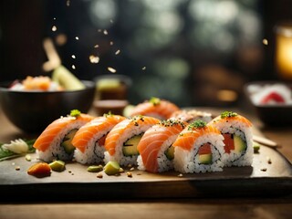  sushi roll with salmon, avocado and cucumber on wooden board 