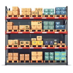 Industrial warehouse storage shelves isolated on white background, cartoon style, png
