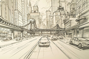 sketch of a cityscape with buildings, bridges and cars