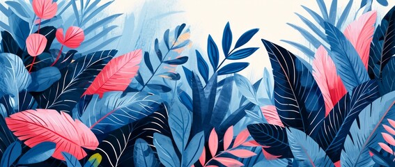Vibrant blue and pink foliage in a stylized design - obrazy, fototapety, plakaty