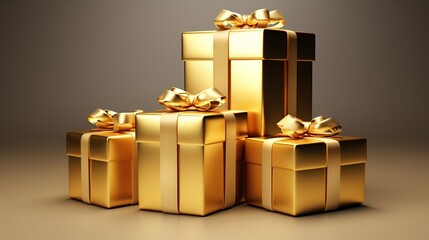 Gold color gift boxes with gold ribbons on a yellow background with out of focus lights, christmas, birthday concept