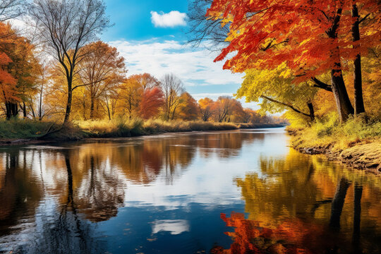 serene autumn landscape with colorful leaves and a peaceful river