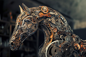 sculpture of a horse made of metal wires and gears