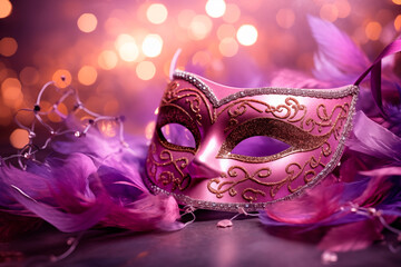 Venetian lillak masks on a purple background. Masquerade mardi gras concept. banner, greeting card.