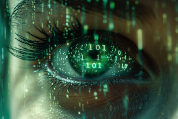 Close-up of an eye reflecting binary code, symbolizing digital vision