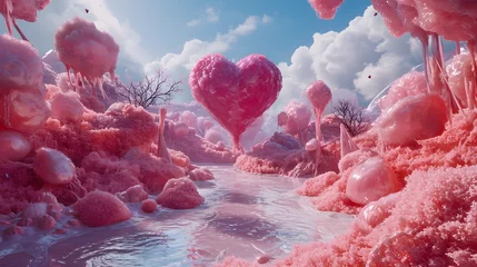 Foto op Aluminium A serene, dreamy landscape of a pastel pink paradise adorned with a heart-shaped fountain, surrounded by clear blue waters and fluffy white clouds while colorful balloons float in the distance © Reiskuchen