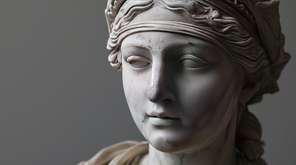 Close-up of an ancient marble bust statue depicting a blindfolded woman from the Roman era set on a gray backdrop.