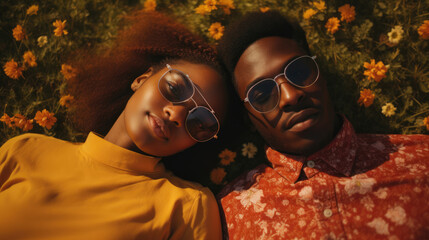 Happy black couple in glasses lying on the grass, top view - Powered by Adobe