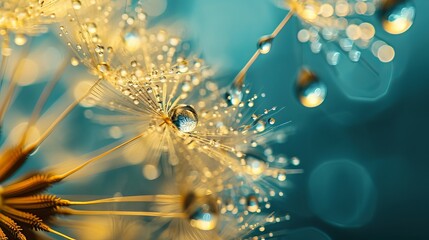 close-up of a dandelion seed with golden water droplets