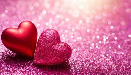 Fototapeta premium Two Hearts On Pink Glitter In Shiny Background - Valentine's Day Concept