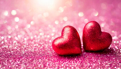 Fototapeta premium Two Hearts On Pink Glitter In Shiny Background - Valentine's Day Concept
