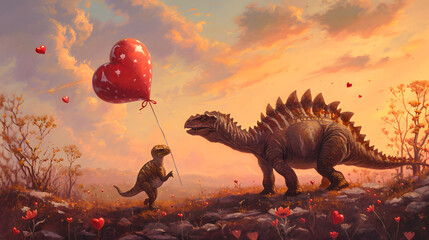 A majestic dinosaur gazes up at the sky, its heart filled with love as it holds onto a whimsical heart-shaped balloon in the great outdoors