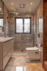 Elegant modern bathroom featuring marble tiles and glass shower