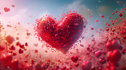 A vibrant burst of love, as a crimson heart adorned with whimsical bubbles and cascading hearts dances against a colorful backdrop