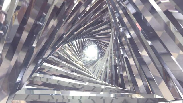 Abstract metallic shiny silver chrome polyhedral tunnel frame made of lines of hexagonal edges, mechanical high-tech tunnel futuristic, abstract background