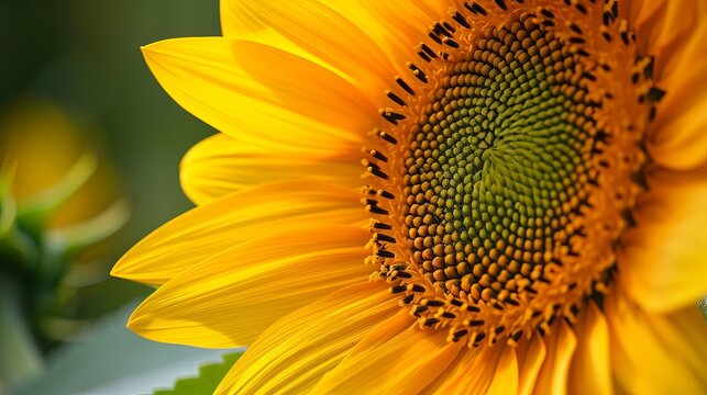 An image of a close-up of a sunflower growing in a sunflower field on a pleasant, cloudy summer day