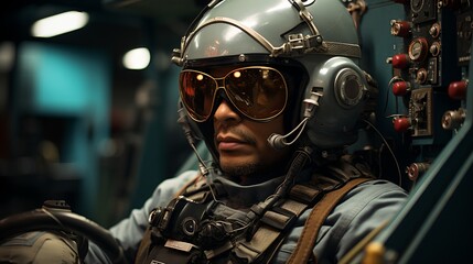 Portrait of a male pilot wearing a helmet and sunglasses