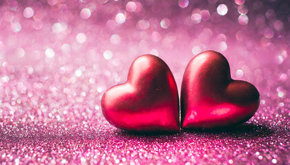 Obraz premium Two Hearts On Pink Glitter In Shiny Background - Valentine's Day Concept